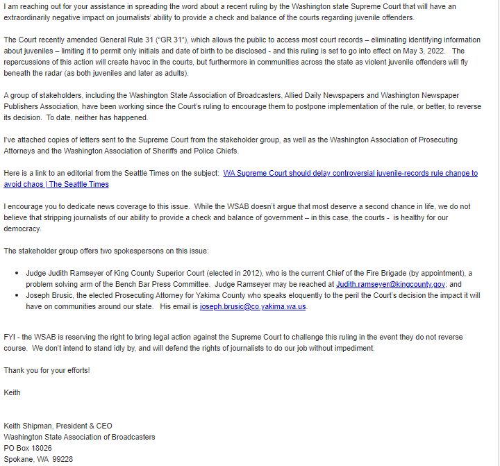 Washington State Association of Prosecuting Attorneys recommends not filing new juvenile cases